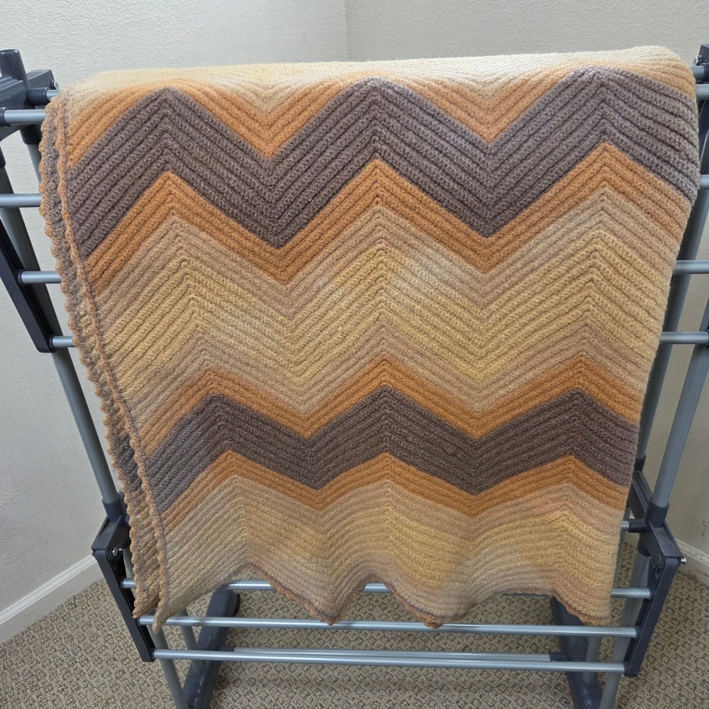 Vtg Wool Handmade Crochet Chevron Throw Blanket Brown Tan Gold 44x48 Retro